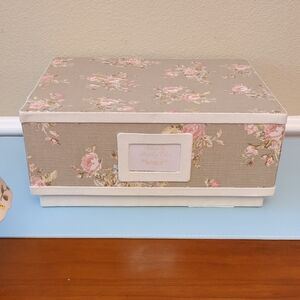 Fabric Covered Box Simply Shabby Chic Rose Floral Taupe Pink Lt Blue Vtg Rare